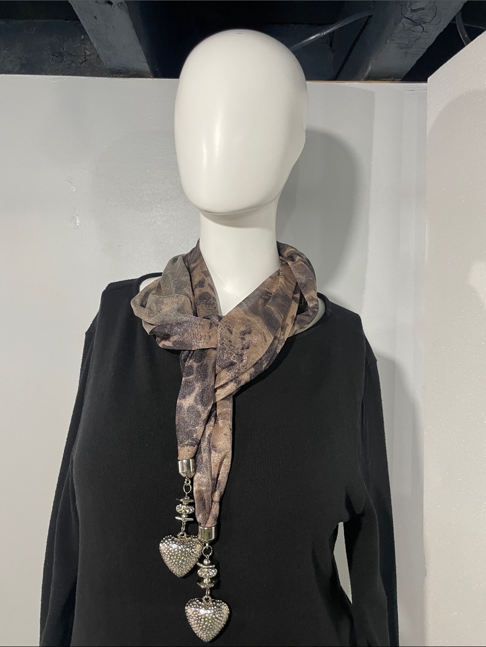 Gold Coast Animal-Print Heart jewelry Tassel Scarf in Brown and Gray